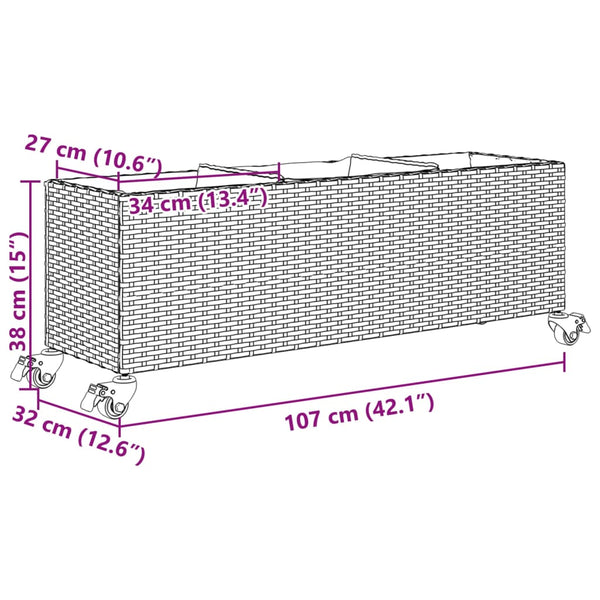 vidaXL Planters with Wheels 2 pcs Grey 107x32x38 cm Poly Rattan