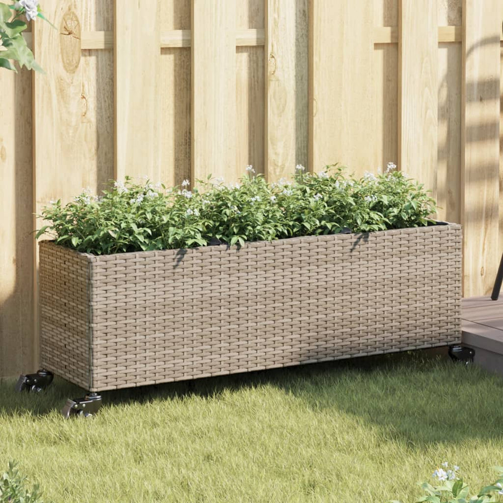 vidaXL Planters with Wheels 2 pcs Grey 107x32x38 cm Poly Rattan