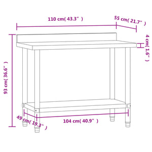 vidaXL Kitchen Work Prep Table with Upstand 110x55x93 cm Stainless Steel