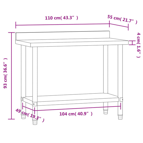 vidaXL Kitchen Work Prep Table with Upstand 110x55x93 cm Stainless Steel
