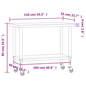 vidaXL Kitchen Prep Table with Wheels 110x55x85 cm Stainless Steel