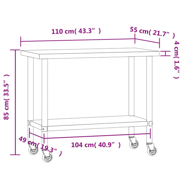 vidaXL Kitchen Prep Table with Wheels 110x55x85 cm Stainless Steel