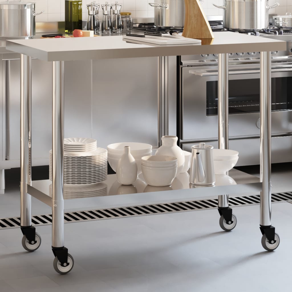 vidaXL Kitchen Prep Table with Wheels 110x55x85 cm Stainless Steel