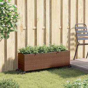 vidaXL Planter with Wheels 3 Pots Brown 107x32x38 cm Poly Rattan