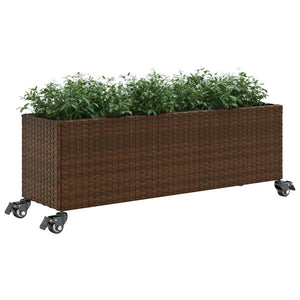 vidaXL Planter with Wheels 3 Pots Brown 107x32x38 cm Poly Rattan