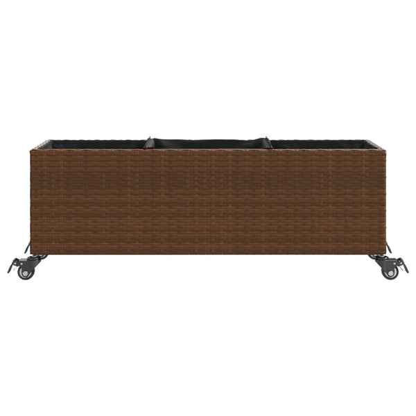 vidaXL Planter with Wheels 3 Pots Brown 107x32x38 cm Poly Rattan