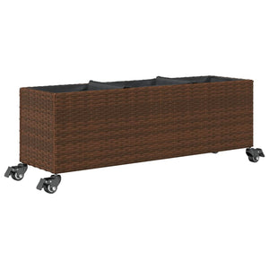 vidaXL Planter with Wheels 3 Pots Brown 107x32x38 cm Poly Rattan