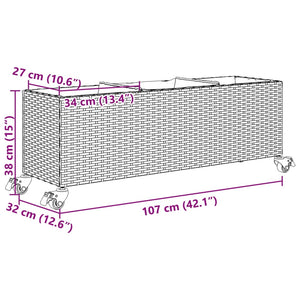 vidaXL Planter with Wheels 3 Pots Brown 107x32x38 cm Poly Rattan