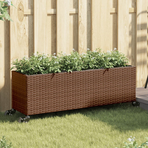 vidaXL Planter with Wheels 3 Pots Brown 107x32x38 cm Poly Rattan