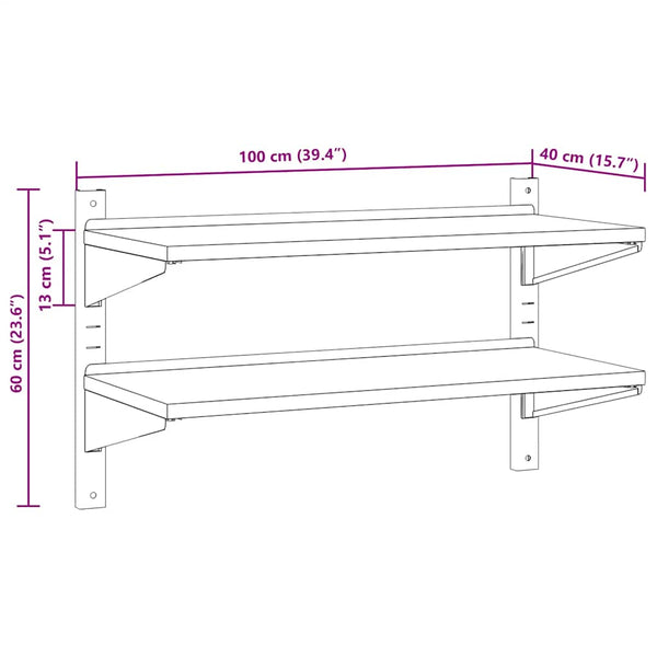 vidaXL Wall Shelf with 2 Tiers 100x40x60 cm Silver Stainless Steel