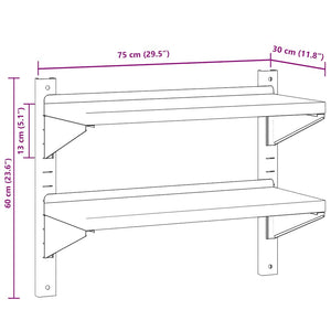 vidaXL Wall Shelf with 2 Tiers 75x30x60 cm Silver Stainless Steel