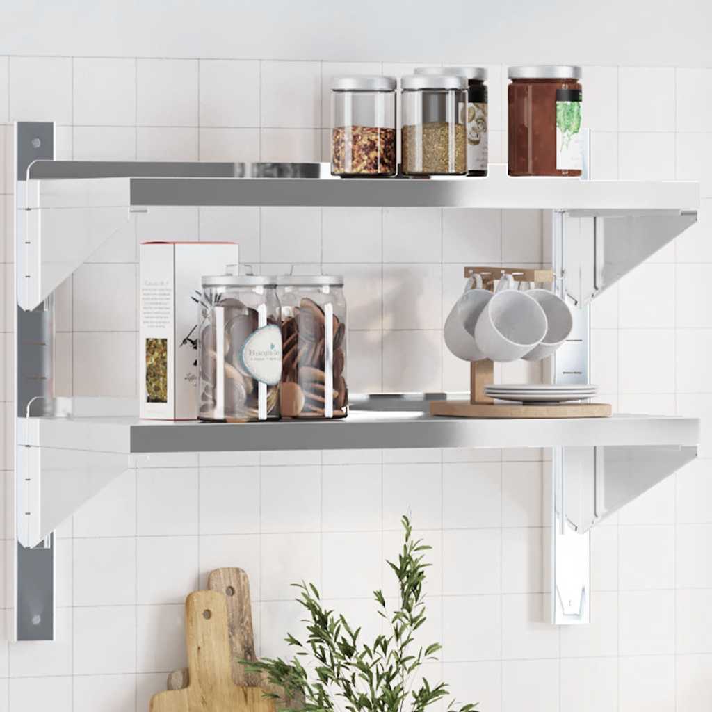 vidaXL Wall Shelf with 2 Tiers 75x30x60 cm Silver Stainless Steel