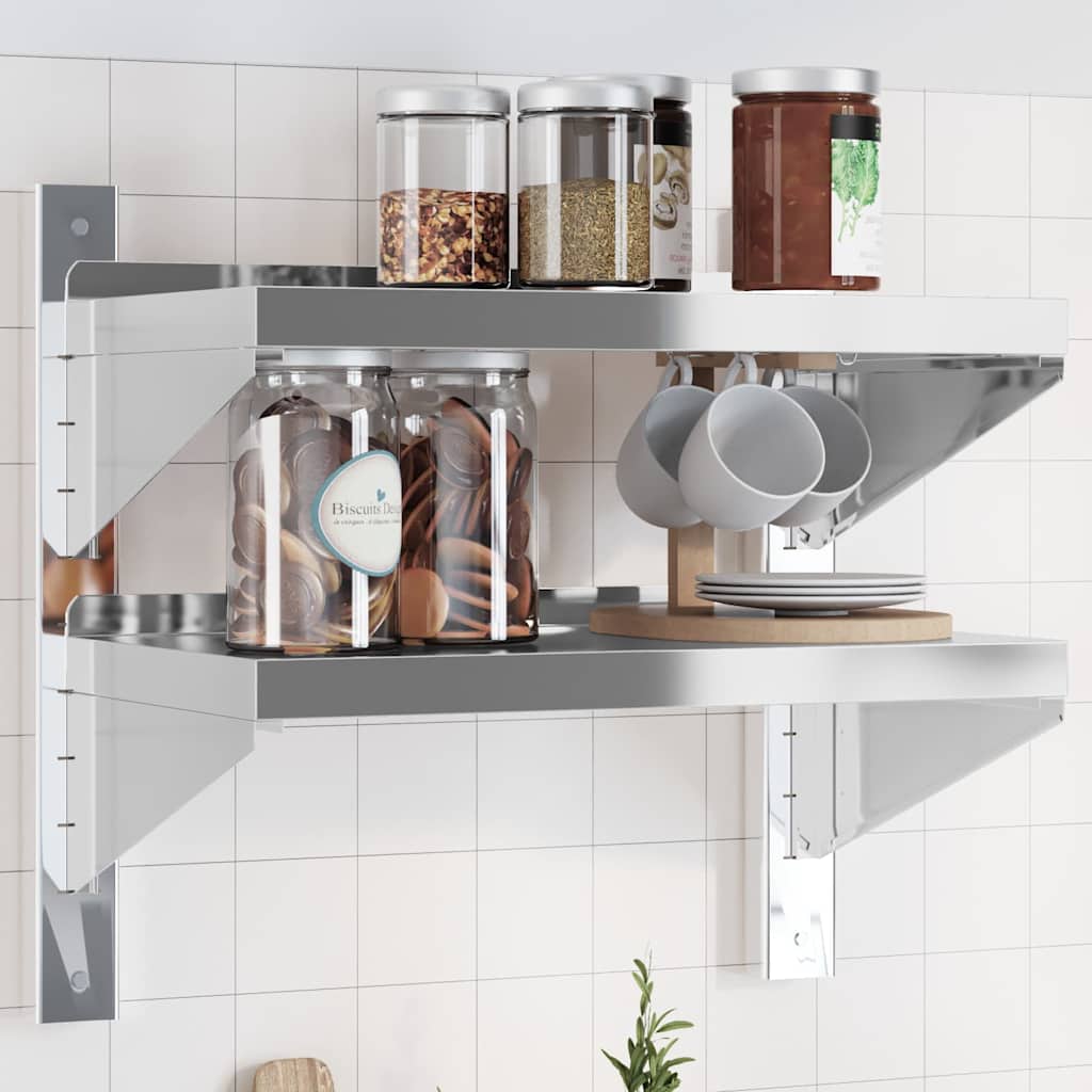 vidaXL Wall Shelf with 2 Tiers 50x30x48 cm Silver Stainless Steel