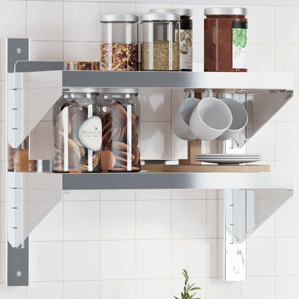 vidaXL Wall Shelf with 2 Tiers 50x23.5x48 cm Silver Stainless Steel