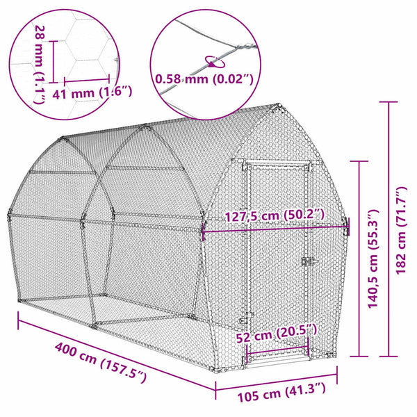 vidaXL Chicken Coop Silver 400x105x182 cm Galvanized Steel