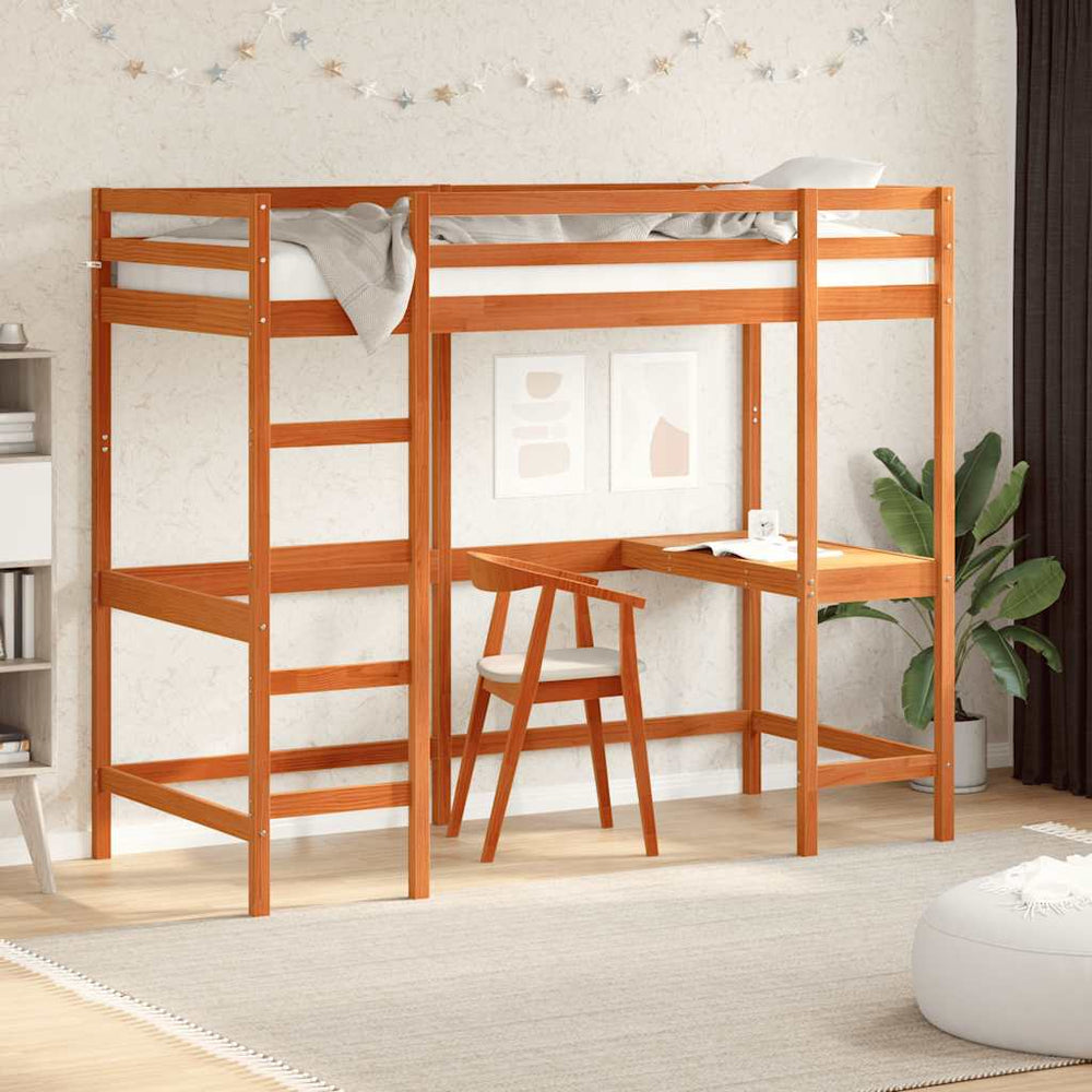vidaXL Loft Bed with Desk Waxed Brown 90x190cm Solid Pine Wood