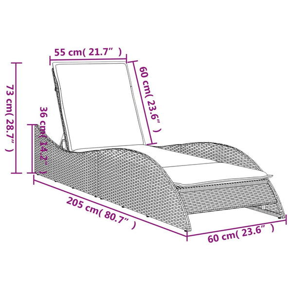 vidaXL Sun Lounger with Cushion Black 60x205x73 cm Poly Rattan