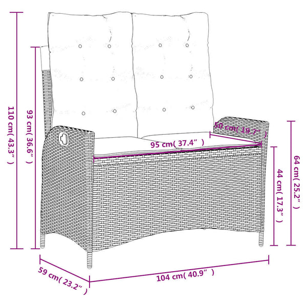 vidaXL Adjustable Garden Bench with Cushions Black Poly Rattan