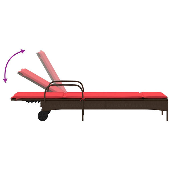vidaXL Sun Lounger with Wheels and Cushion Brown Poly Rattan