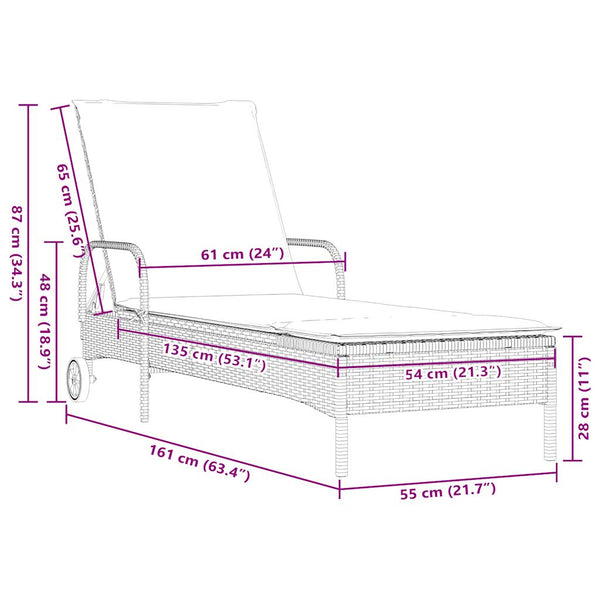vidaXL Sun Lounger with Wheels and Cushion Brown Poly Rattan