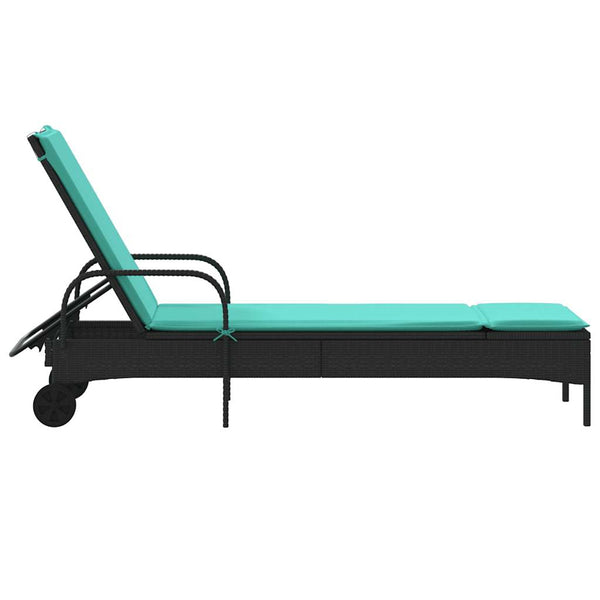 vidaXL Sun Lounger with Wheels and Cushion Black Poly Rattan