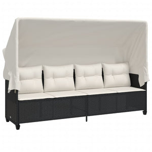 vidaXL Sun Lounger with Roof and Cushion Black Poly Rattan