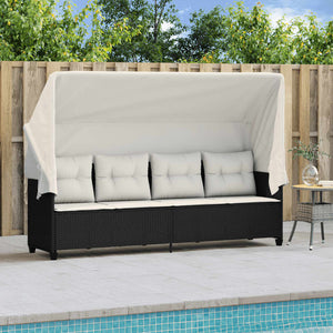 vidaXL Sun Lounger with Roof and Cushion Black Poly Rattan
