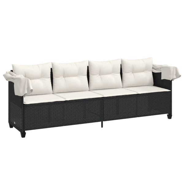 vidaXL Sun Lounger with Roof and Cushion Black Poly Rattan