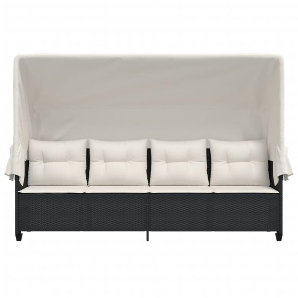 vidaXL Sun Lounger with Roof and Cushion Black Poly Rattan