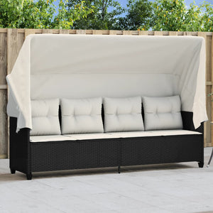 vidaXL Sun Lounger with Roof and Cushion Black Poly Rattan