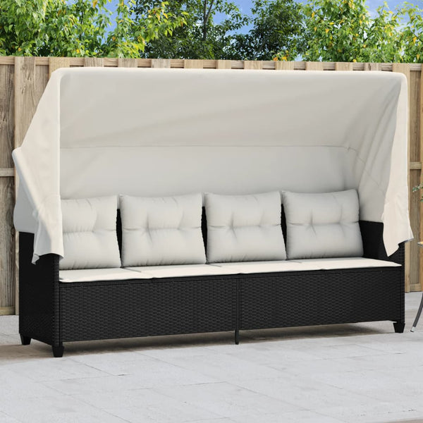 vidaXL Sun Lounger with Roof and Cushion Black Poly Rattan