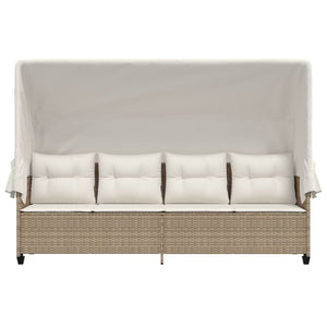 vidaXL Sun Lounger with Roof and Cushion Beige Poly Rattan