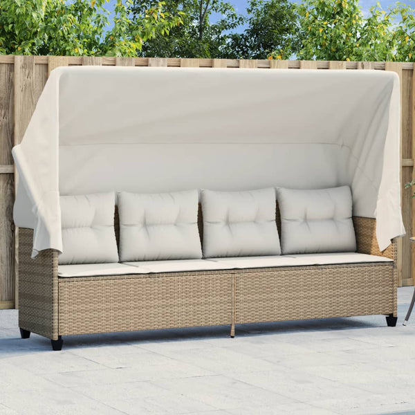 vidaXL Sun Lounger with Roof and Cushion Beige Poly Rattan