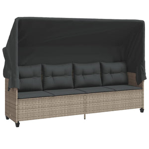 vidaXL Sun Lounger with Roof and Cushions Light Grey Poly Rattan