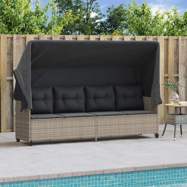 vidaXL Sun Lounger with Roof and Cushions Light Grey Poly Rattan