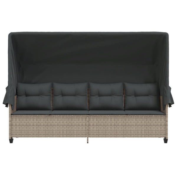 vidaXL Sun Lounger with Roof and Cushions Light Grey Poly Rattan