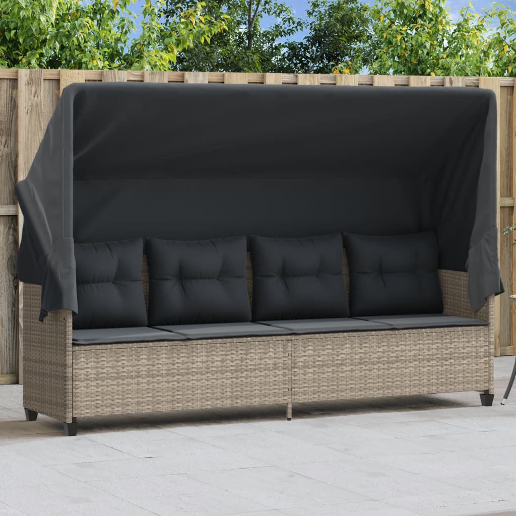vidaXL Sun Lounger with Roof and Cushions Light Grey Poly Rattan