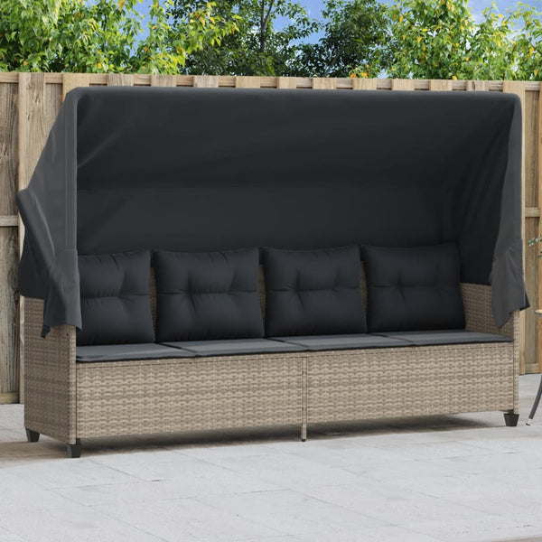 vidaXL Sun Lounger with Roof and Cushions Light Grey Poly Rattan