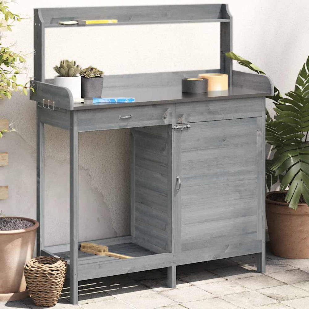 vidaXL Potting Bench with Cabinet Grey 110.5x45x124.5 cm Solid Fir Wood