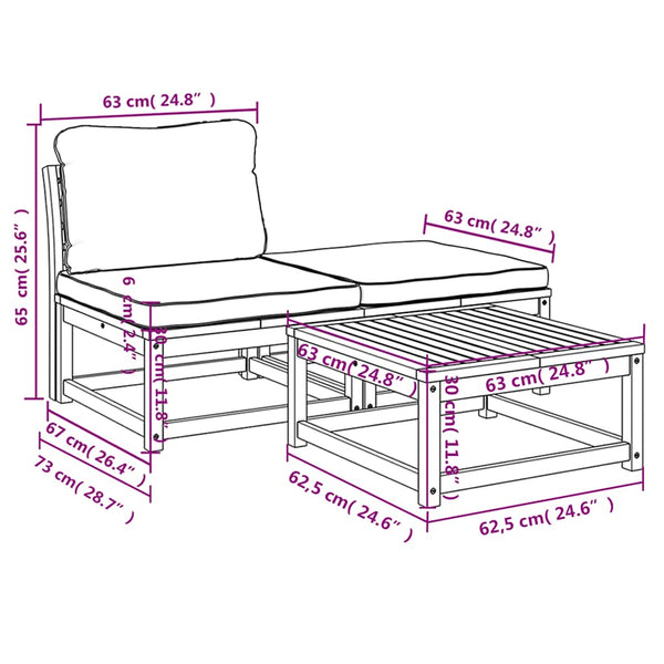 vidaXL 3-Piece Garden Lounge Set with Cushions Solid Acacia Wood