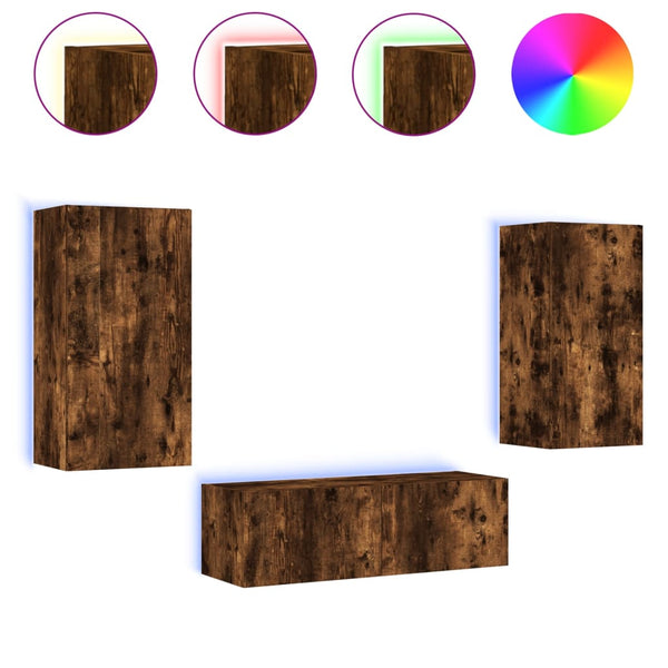 vidaXL 3-Piece TV Wall Unit with LED Lights Smoked Oak