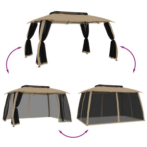 vidaXL Gazebo with Double Roof & Net Walls Taupe 3.93x2.93 m Steel