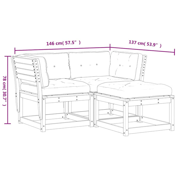 vidaXL 3-Piece Garden Sofa Set with Cushions White Solid Pine Wood