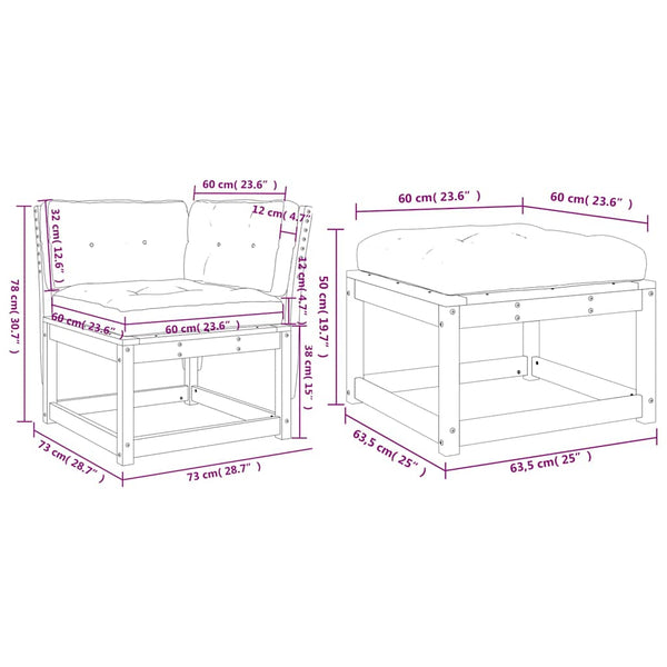 vidaXL 3-Piece Garden Sofa Set with Cushions White Solid Pine Wood