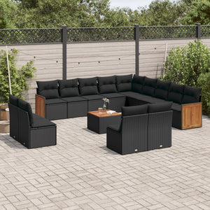 vidaXL 14-piece Garden Sofa Set with Cushions Black Poly Rattan