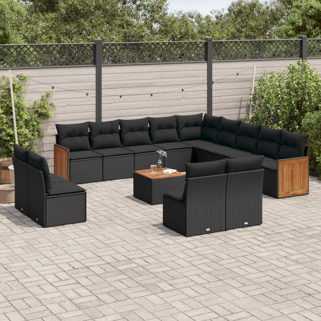 vidaXL 14-piece Garden Sofa Set with Cushions Black Poly Rattan