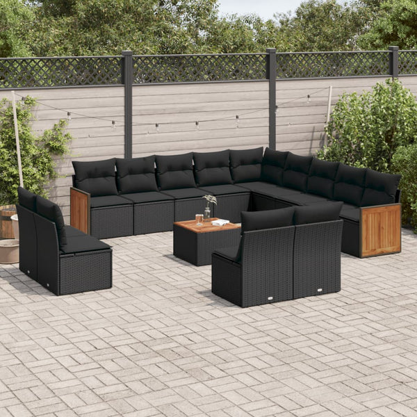 vidaXL 14-piece Garden Sofa Set with Cushions Black Poly Rattan