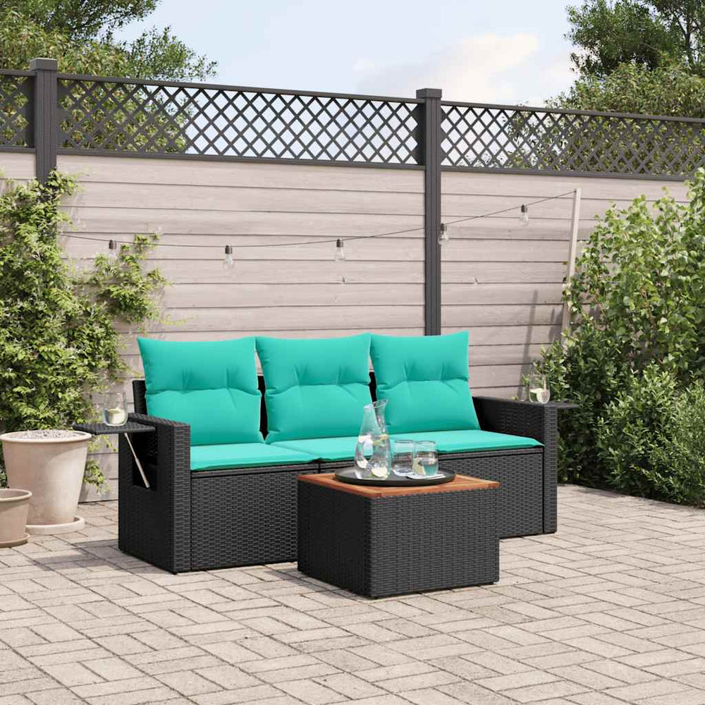 vidaXL 4-Piece Garden Sofa Set with Cushions, Black Poly Rattan