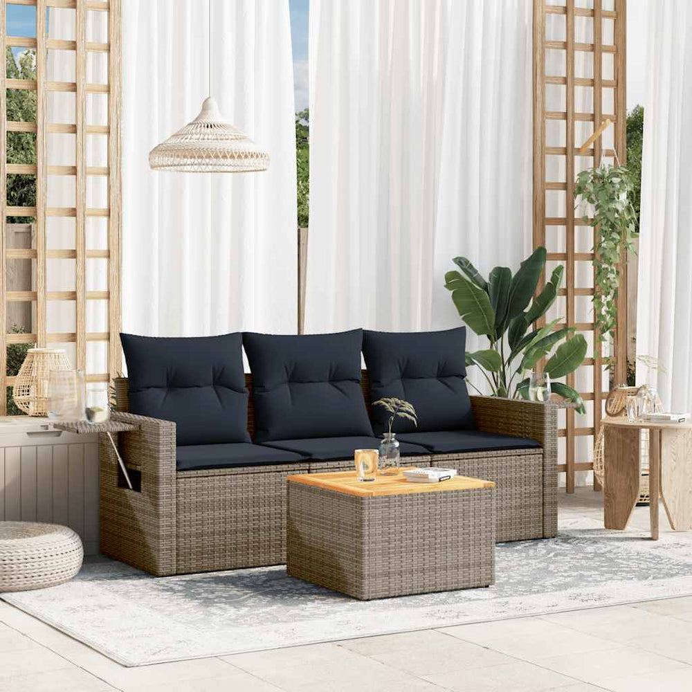 vidaXL 4-Piece Garden Sofa Set with Cushions, Grey, Poly Rattan