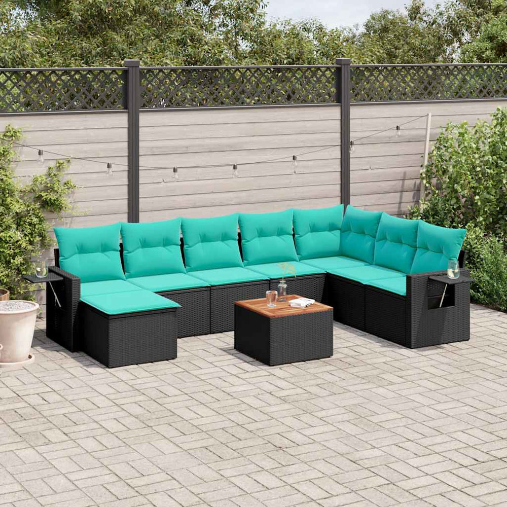 vidaXL 9-piece Garden Sofa Set with Cushions, Black Poly Rattan